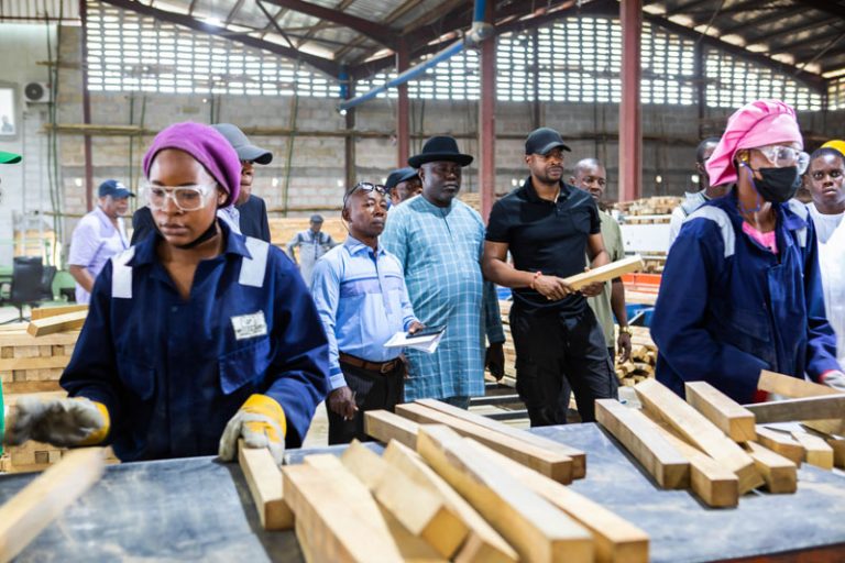 Chief Amechi watching the workers of Woodland factory work
